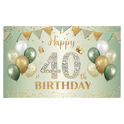 Decoración Cumpleaños 40 Años Sage Green Gold,Pancarta Fondo 40 Cumpleaños 180 * 110cm+2 Guirnalda De Bandera Triangular,Tela Pancarta De Fiesta Cumpleaños para Interiores Y Exteriores