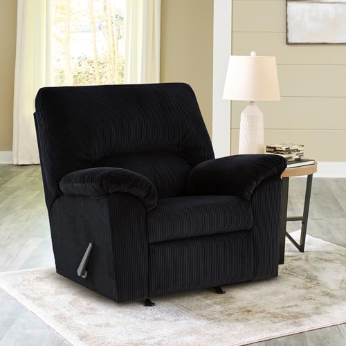 Image of Signature Design by Ashley SimpleJoy Rocker Recliner, Black | Buttery-soft polyester corduroy, Quick 1-step assembly, Oversized manual reclining seat for living rooms