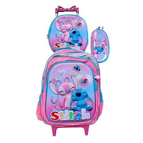 Kit Mochila Stitch Feminina com Rodinhas em 3D + Lancheira Térmica + Estojo Escolar Infantil