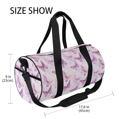 Pink Butterfly Sports Duffel Bag Large Capacity Barrel Gym Bag with Full Print Polyester Fabric, Multiple Pockets and Detachable Strap for Sports Gym and Weekend Getaways4