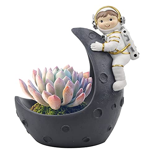 HADM Creative Resin Succulents Flowerpots Plant Pots Astronaut Half Moon Planter for Herb Cactus Air Plants, Desktop Storage Box, Decoration for Indoor Outdoor Tabletop Garden (Plant Not Included)