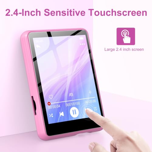 Image of 128GB MP3 Player with Bluetooth Pink- SWOFY M4 Music Player with Bluetooth 5.4, 2.4 inch Portable HiFi MP3 Player with FM Radio, HD Speaker, E-Book,Voice Recorder, Digital Music Player Earphones Included