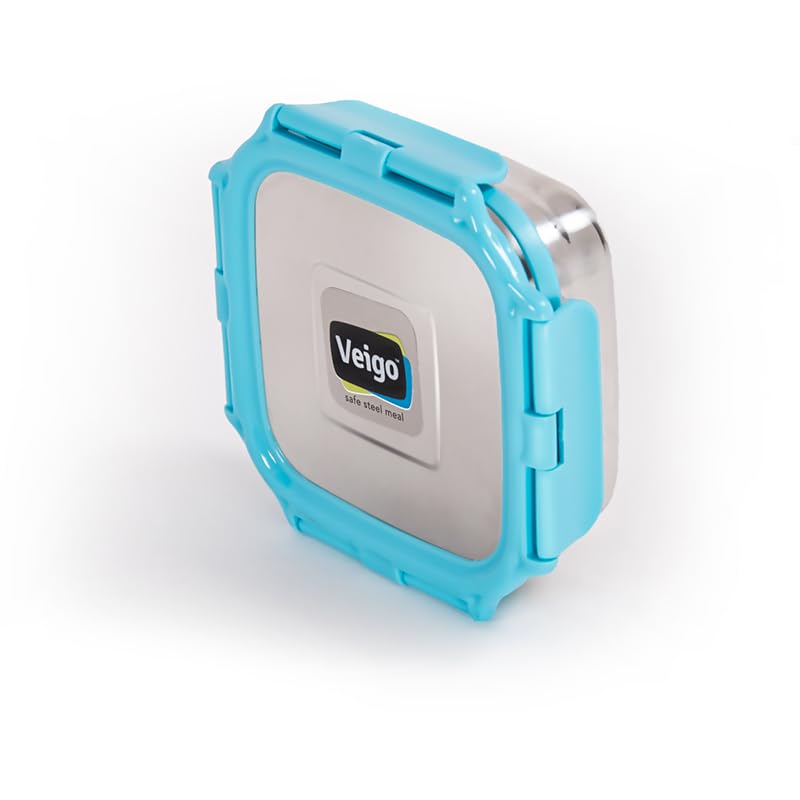 Image of Veigo Original Set Pack of 3 Stainless Steel Airtight & Leakproof Medium Lunch Box with Silicon Ring & Polymer Frame for Re-Heating|Safe Lid Lock|Square (330ML) Aqua Blue