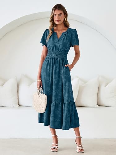 Image of Simplee Womens Summer Boho Maxi Dress Semi Formal Wedding Guest Short Sleeve V Neck Empire Waist Floral Long Dresses