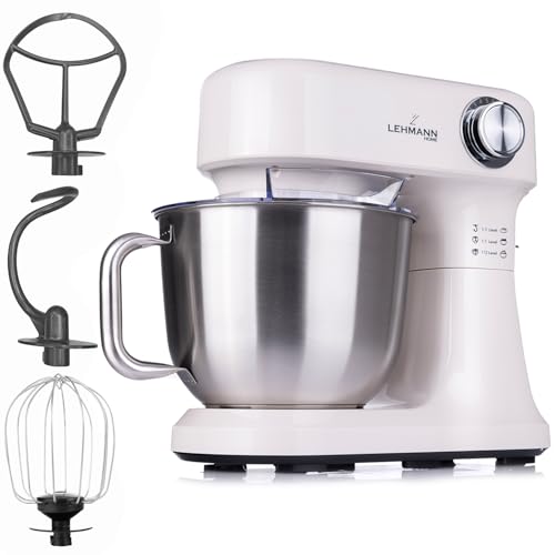 LEHMANN Küchenmaschine 1500 W, Knetmaschine mit 12 Geschwindigkeiten, 5 L Rührschüssel und Spritzschutz, Rutschfest, Teigmaschine mit 3 Zubehör-Set - Rührhaken, Knethaken, Schlagbesen, Beige