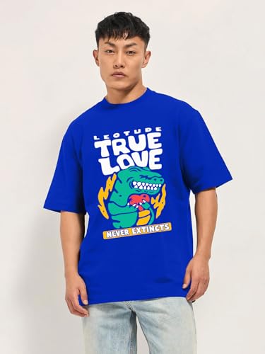 Image of LEOTUDE Half Sleeve Oversized Tshirt for Men, Round Neck Cottonblend Drop Shoulder Printed T-Shirt (Black Color)