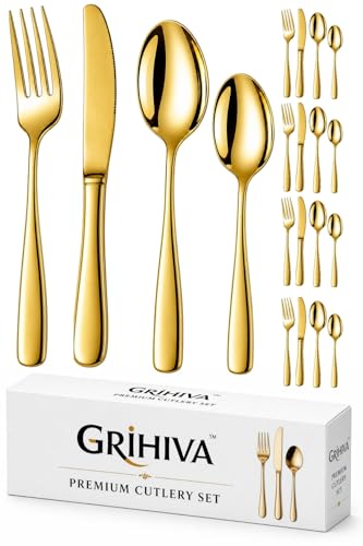 Image of 20 Pcs Gold Mirror Polish Stainless Steel Cutlery Set for Dining Table with Spoons and Forks Set + Butterknives - The Perfect Tableware /Flatware