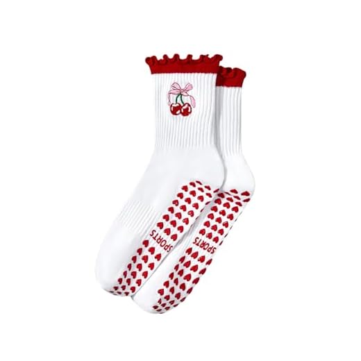 Century Star Cute Pilates Socks for Women Grip Yoga Crew Socks-Non Slip Athletic Sticky Workout Barre Hospital Red Cherries One Size
