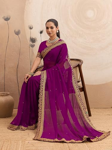 Image of Women's Georgette Embroidery Border Beads work Saree with Blouse Piece