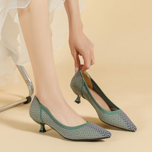 HROYL Women's Pumps Kitten Heels Pointed Toe Knit Slip On Comfortable Casual Formal Dress Shoes2