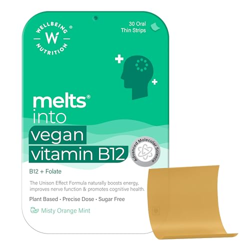 Wellbeing Nutrition Melts Vegan Vitamin B12, Folate, Brahmi & Curcumin | For Memory, Brain, Heart & Nervous System Support | B12 supplement for Men & Women, 30 Oral Strips