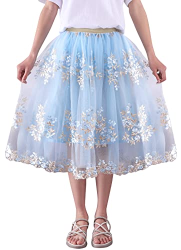 Adigau Jupe Tutu pour Filles Jupe Plissée en Tulle Enfant Fille Jupe Princesse Brodée Taille Elastique Fête Anniversaire Bleu 13-14 Ans Cover
