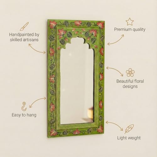 Image of Tropical Green Handpainted Wooden Mirror | Handcrafted Arch Design with Floral Motifs | Rajasthani Traditional Jharokha Style Mirror | Framed Wall Hanging for Home, Bedroom |18x9.5 Inch