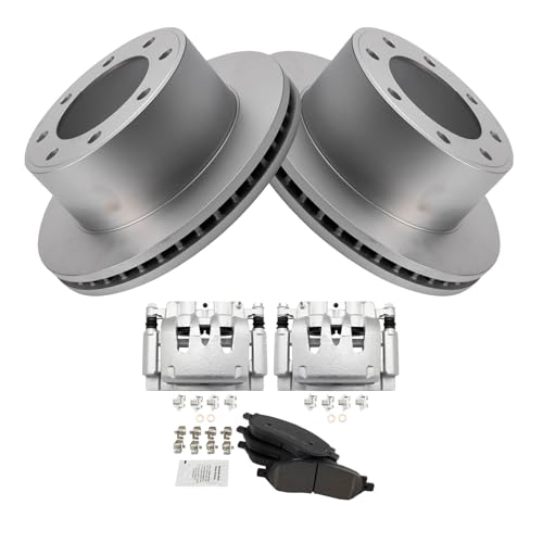 Image of TRQ Rear Brake Pad, Caliper, & Rotor Kit Semi-Metallic Vented Premium G-Coated Compatible with 2006-2007 Ford F-250 Super Duty F-350 Super Duty