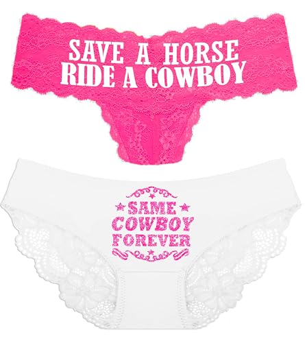 Last Rodeo Bachelorette Gift - SET OF 2: Save A Horse Ride A Cowboy Hot Pink Lace Thong & Pink Same Cowboy Forever White Lace Inset Bikini Panty - Medium - Panty Set(SCF WtRbBkn SVHRS HPkTh)Md