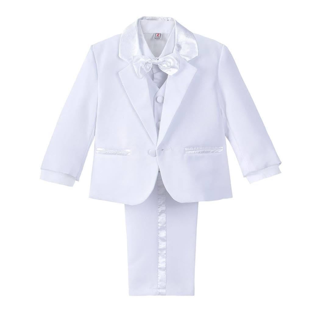Lito Angels Baby Boy Formal Dress Suit Wedding Outfit Wear, 5 Pieces Set (Blazer, Shirt, Waistcoat, Trousers, Bow Tie) Age 18-24 Months (Tag Number 02), White