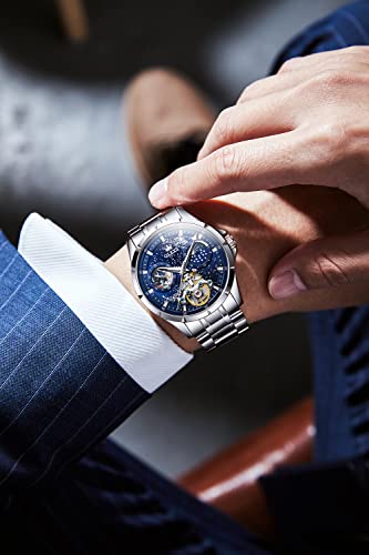 OLEVS Men's Automatic Mechanical Watches Luxury Dress Waterproof Self Winding Moon Phase Chronograph Stainless Steel Luminous Date Tourbillon Wristwatch for Men