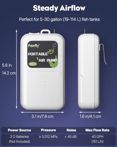Image of Pawfly Aquarium Air Pump, 40 GPH Fish Tank Air Pump for 5-30 Gallon Tanks,Black & White