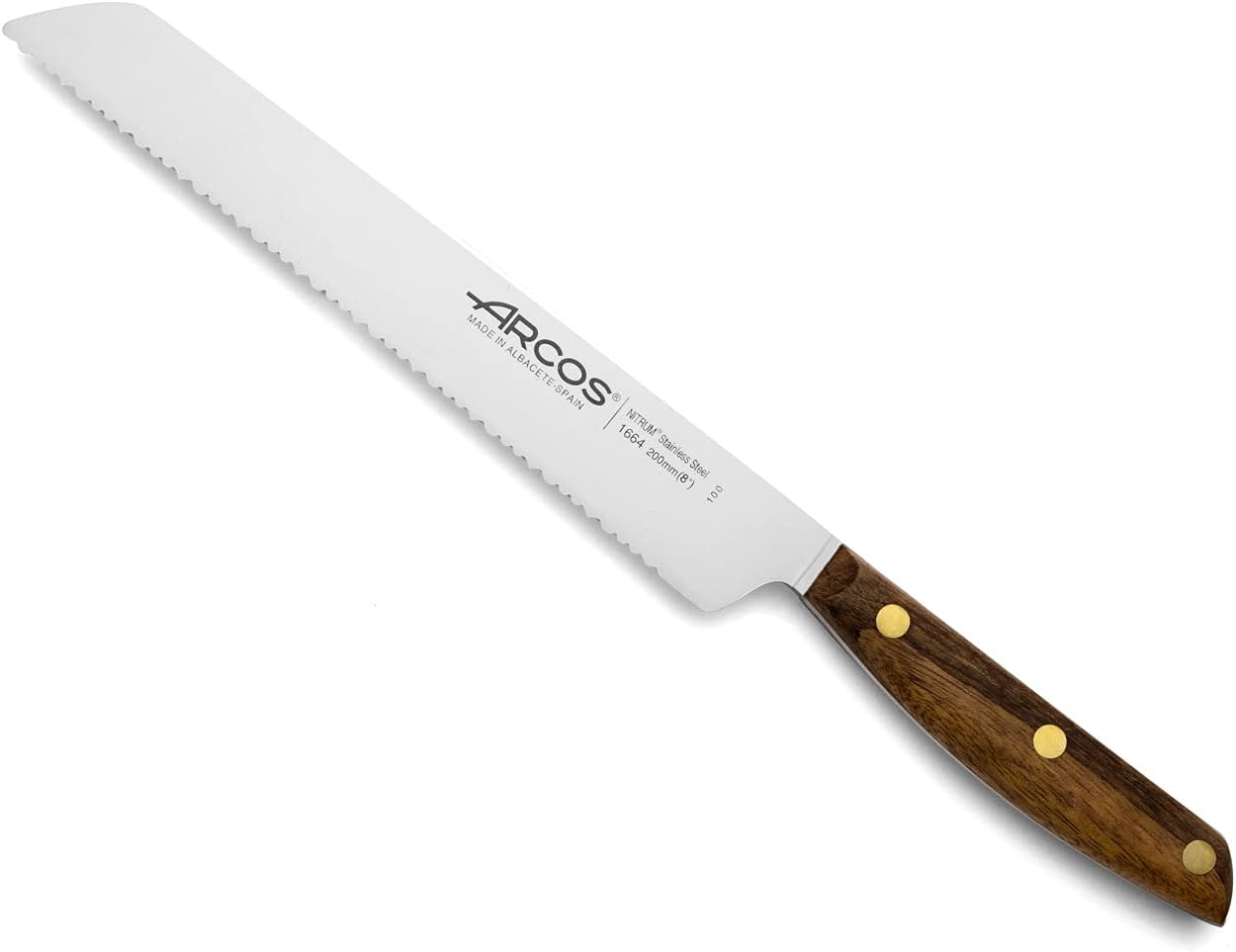 Arcos Bread Knife 8 Inch Nitrum Stainless Steel and 200 mm blade. Obtain a great variety of cuts for your food. Ideal knife for daily domestic use. Series Nordika. Color Brown.