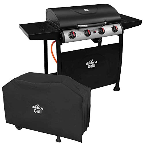 Dellonda 4 Burner Gas BBQ Grill with Piezo Ignition, Built-In Thermometer and Water Resistant PVC Cover, Black/Stainless Steel - DG229