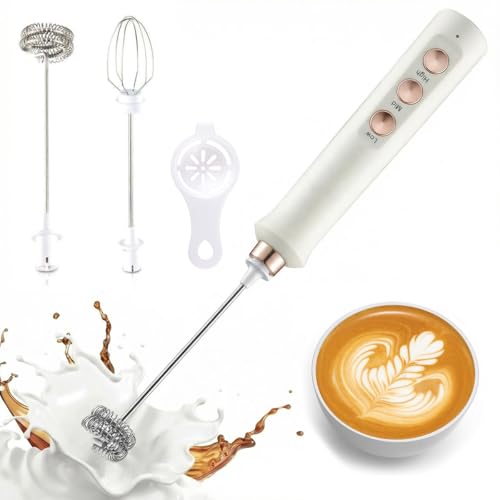 MOZZARE Rechargeable Milk Frother & Coffee Whisk 80W Handheld Kitchen Foam Maker for Coffee Hot & Cold Milk Eggs Whipped Cream with Stand 3-Speed adjustable Easy Clean Low Noise