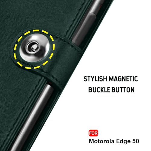 Image of TheGiftKart Flip Cover Back Case for Motorola Moto Edge 50 5G | Genuine Leather Finish | Designer Button | Inbuilt Pockets & Stand | Wallet Style Flip Case Cover for Moto Edge 50 (Faux Leather, Green)