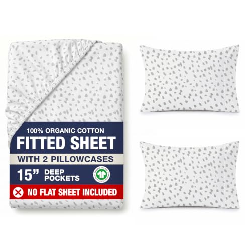 Image of LANE LINEN 100% Organic Cotton King Fitted Sheet, 3-Piece Set (1 Fitted Sheet, 2 Pillowcases), Percale Weave, Ultra Soft, Breathable, GOTS Certified, Fits Mattress Upto 15 inch Deep - White(Grey Dot)