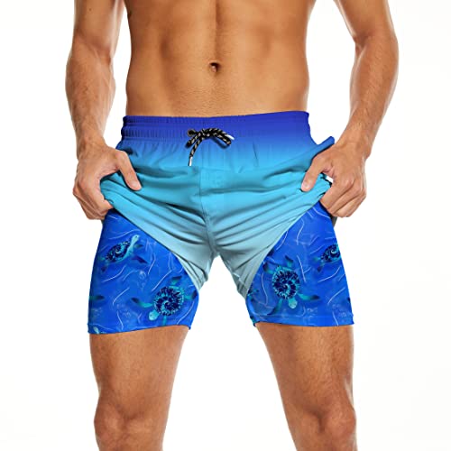 Sea Turtle Men's Swim Trunks with Compression Liner Blue Gradient Swim Shorts Swimwear Soft Turtle Board Shorts