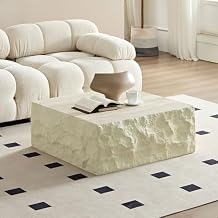 Faux Rock Coffee Table with Fuam Rock Design,Drum Coffee Table Fiberglass Square Table Tea Table for Living Room No Need Assembly