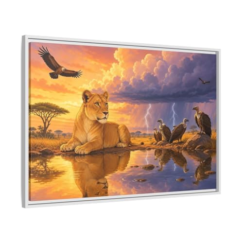Toile imprimée lionne nature et tableau coucher du soleil africain horizontal