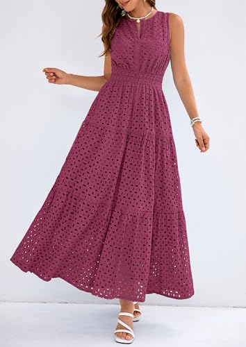 PRETTYGARDEN Womens 2026 Summer Maxi Dresses Sleeveless Sundresses V Neck Eyelet A Line Long Flowy Spring Wedding Guest Dress (Burgundy,X-Large) — view 6