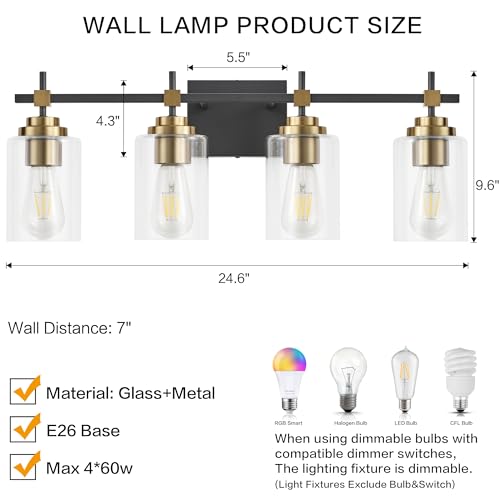Image of SOLFART Black and Gold Vanity Light,4 Light Modern Vintage Wall Light with Clear Globe, High-End Bathroom Light Fixtures Over Mirror, Easy to Install (Bulbs Not Included)