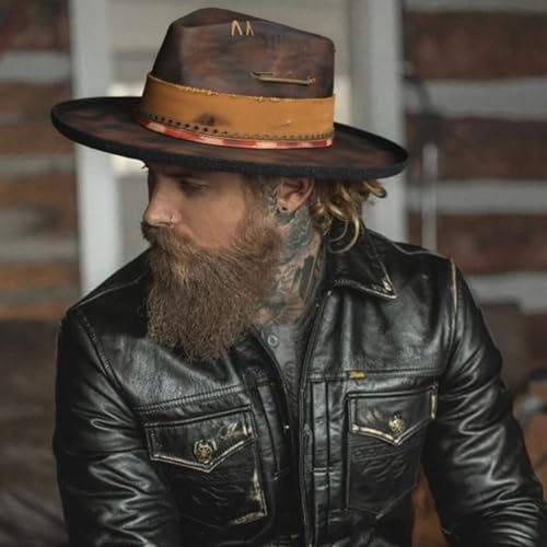 Image of RUEDIGER Vintage Pencil Brim Fedora Hats 100% Wool Felt Hat Panama Rancher Hat with Lightning Logo Handmade Distressed /Burned