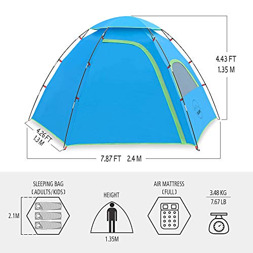 Kazoo Outdoor Family Tent Durable Lightweight, Waterproof Camping Tents Easy Setup, Beach Screen Tent Sun Shade 3 Person (Blue) #TOP4