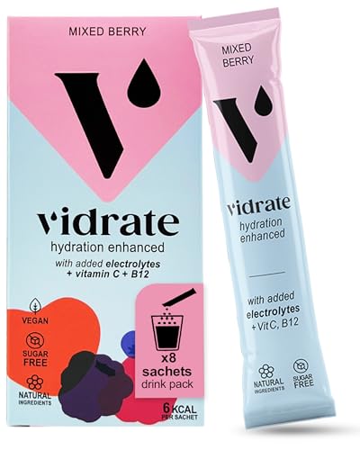 Vidrate Electrolytes Powder - Hydration Sachets Packed with Vitamins - Zero Sugar Rehydration Sachet with No Artificial Sweeteners & Preservatives - Mixed Berry Small Pack 8 Electrolytes Sachets