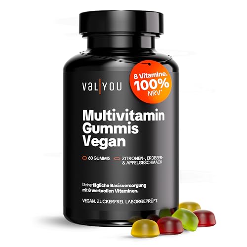 VALYOU Multivitamin Gummis Vegan Zuckerfrei 60 Gummis mit Vitamin C D B12 Folsäure und Biotin 100% NRV für Immunsystem und Energiestoffwechsel 3 Geschmackssorten Laborgeprüft