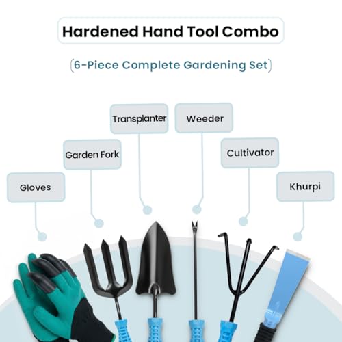 Image of IFFCO Urban Gardens 6-Piece Gardening Tool Kit | Gloves with Claws, Khurpi, Transplanter, Weeder, Cultivator & Garden Fork | Complete Set for Home & Terrace Garden