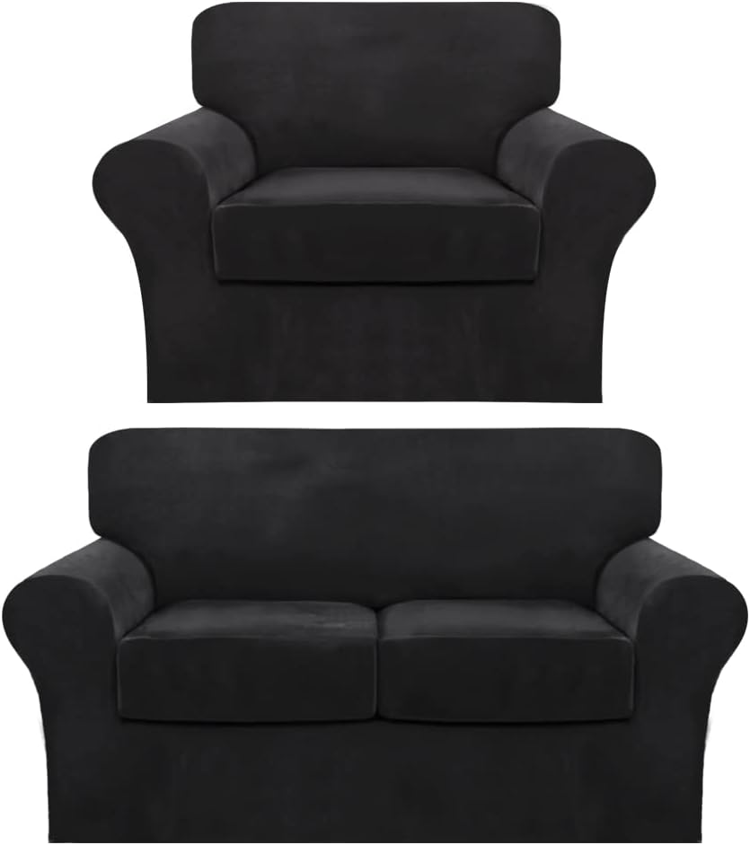 FantasDecor 3 Piece Sofa Covers Velvet Couch Covers for 2 Cushion Couch Bundle 2 Piece Velvet Armchair Covers, Black