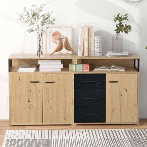 KOMHTOM Armario de almacenamiento con tres puertas y tres cajones, cómoda con asas de metal, armario multiusos moderno para salón, dormitorio, comedor