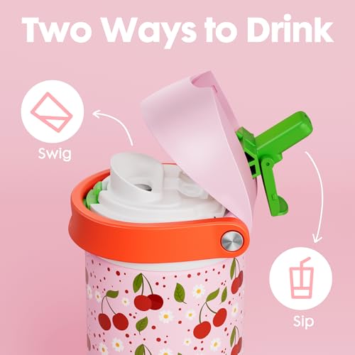 Image of 18 oz Insulated Water Bottle for Kids: Meoky Stainless Steel Water Bottle with 2-in-1 Straw and Spout Lid - Leak Proof, Cold for 24 Hours, BPA-Free for Girls School Sports, Sweet Cherry