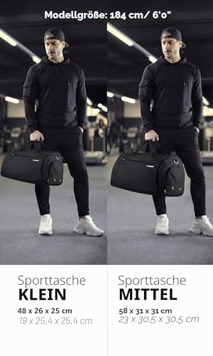 Fitgriff® Sporttasche & Reisetasche für Damen und Herren - mit Schuhfach & Nassfach - Tasche für Sport, Fitness & Reisen - Trainingstasche, Gym Bag (Black, 48 x 26 x 25 cm (Small))