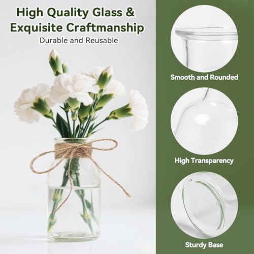 Kleine Vasen 16 Stück 10cm Hoch 125ml Mini Glasvasen Set Blumenvasen mit 20m Juteschnur für Hochzeit Küche Esszimmer Wohnzimmer Badezimmer Geburtstag Party Tischdeko