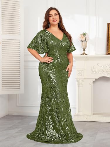 Image of Plus Size Glamous Short Sleeves Womens Sequin Dress Formal Gowns Evening Glitter Mermaid Prom Dress