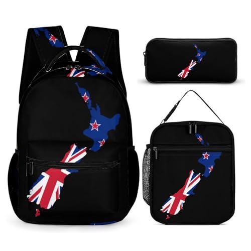 New Zea-lands Flag Map Printed Backpack with Lunch Box Bag Pencil Case Pouch 3pcs Daypack Set for Women Men