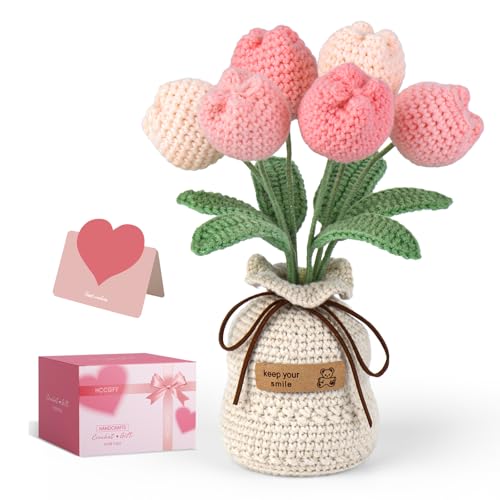 Hccgfy Crochet Flowers Bouquet, Knitted Tulips Potted Plant with Gift
