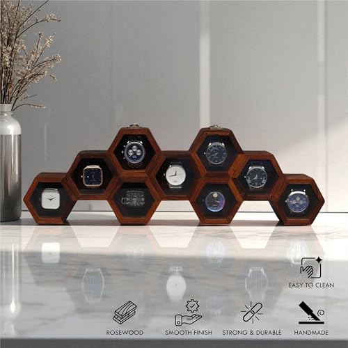Image of Vintage Wooden Watch Box For Men, Timepiece Display Case, Honeycomb Watch Storage & Organizer, Jewelry Box For Women For Husband (9 Compartments - 2)
