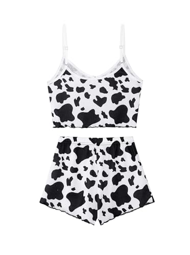 Image of Hilinker Womens Graphic Print Ribbed PJ Set Crop Cami Tops and Shorts Cute Pajamas Set