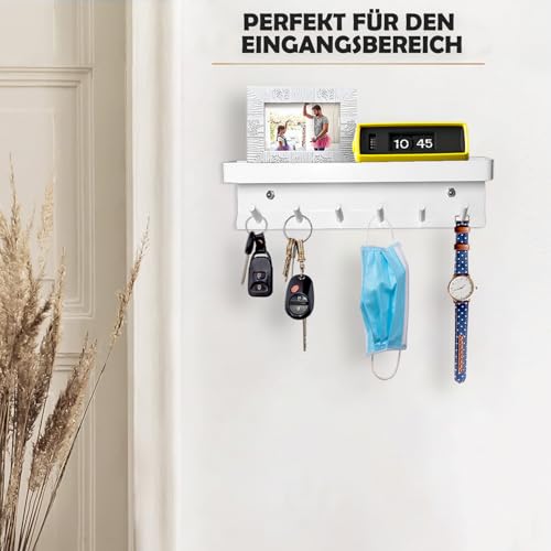 Echehi Schlüsselhalter mit 6 Haken, Einfach zu Installierende Schlüsselbrett Ohne Bohren, Metall Schlüsselablage, Garderobe, Briefständer, Geeignet für Eingangsbereiche und Hinter Türen. Weiß