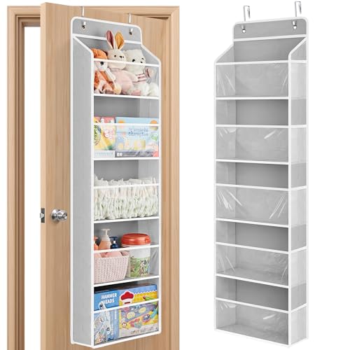 Image of JARLINK Toy Stuffed Animal Storage, Over The Door Organizer W/Clear View Windows, 44lb Load, Baby Toy Storage Organizer for Nursery, Kid Bedroom, Newborn Baby Essentials (Light Grey)