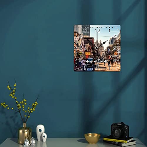 Square Wood Wall Clocks America Cityscape New Orleans Wooden Arabic Numerals Clock Silent Non-Ticking Battery Operated Clock For Cottage Bedroom Office Kitchen And Dining Room Decoration 10X10In #TOP3